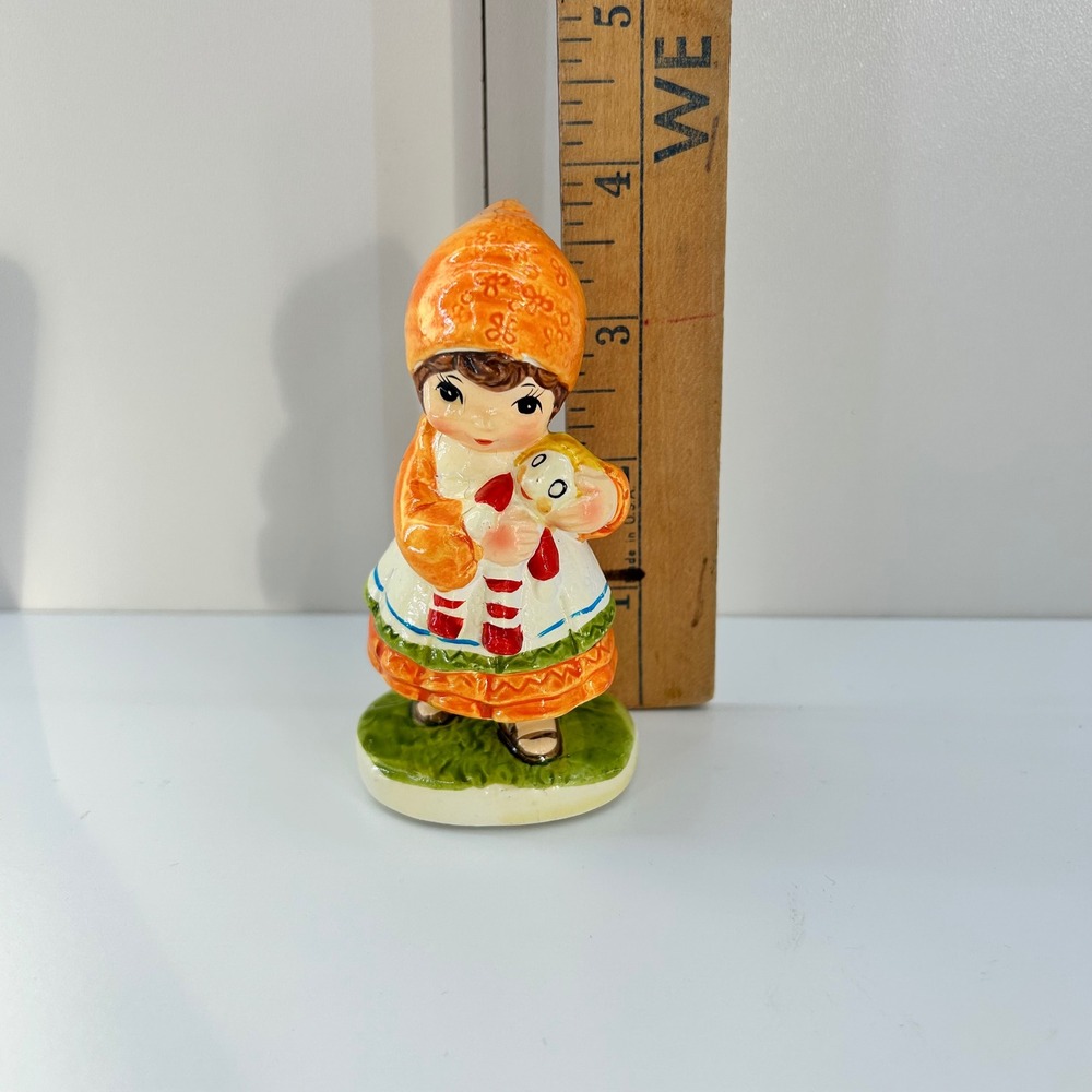 Enesco Girl Holding Doll Figurine Orange Hat White Dress Vintage Ceramic